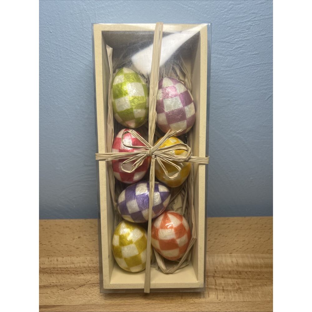 SET OF 7 MacKENZIE-CHILDS CAPIZ PASTEL CREAM CHECK EASTER EGG ORNAMENTS BNIB